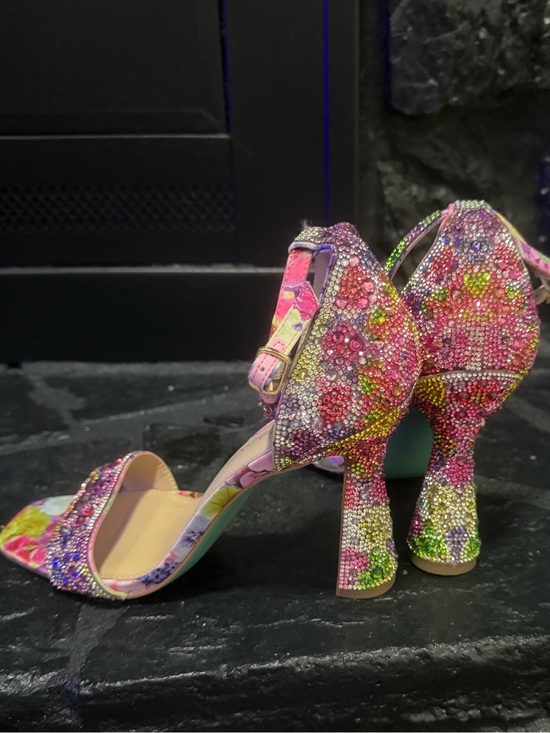 Betsey Johnson Shoes - Betsey Johnson Pink Multicolor Crystal Floral Block Heels